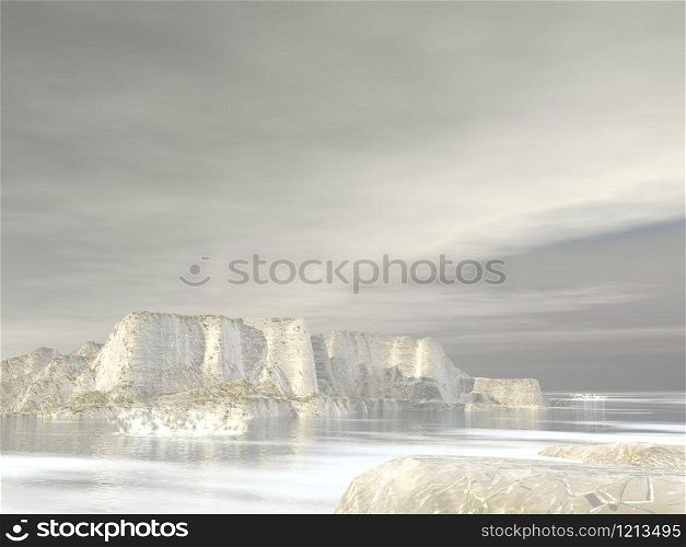 Icebergs in grey cloudy background at the pole. Icebergs - 3D render