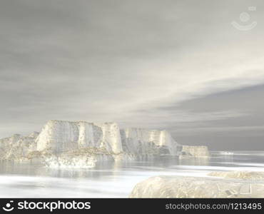 Icebergs in grey cloudy background at the pole. Icebergs - 3D render