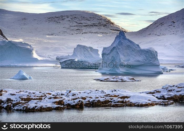 Icebergs in Hurry Inlet in the upper reaches of Scoresbysund in eastern Greenland.