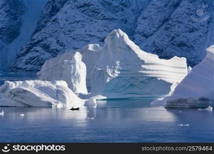 Icebergs in Northwest Fjord in the far reaches of Scoresbysund in eastern Greenland