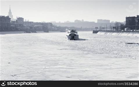 iceboat on frozen Moscow river in sunny winter day