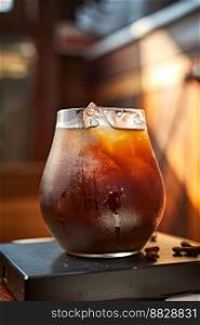 iced black coffee (iced americano) on the wooden table.
. iced black coffee (iced americano)
