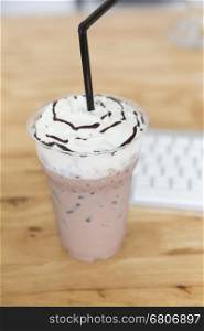 iced cocoa drink with whipping cream and chocolate sauce topping