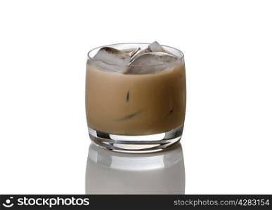 Iced coffee with vodka on white background with reflection