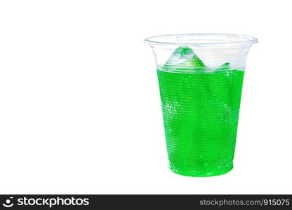 Iced green cola soft drink with ice in take away cup isolated on white background.