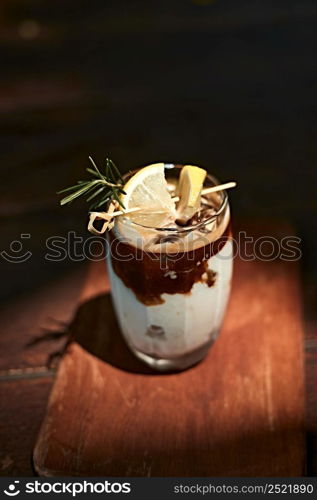 Iced latte coffee in a glass with cold milk,selective focus. Iced latte coffee in a glass with cold milk