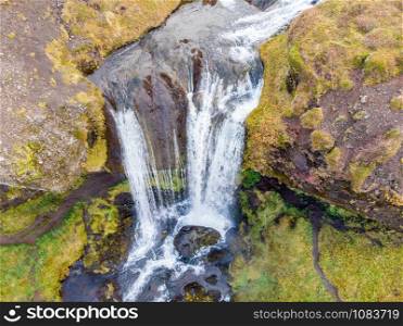 Iceland. Aerial view on the mountain, field, bridge and river. Landscape in the Iceland at the day time. Landscape from drone. Travel - image