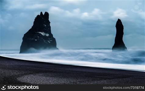Iceland, amazing view on black sand beach of Vik Myrdal, exotic winter travel to Scandinavia