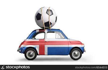 Iceland football car. Iceland flag on car delivering soccer or football ball isolated on white background
