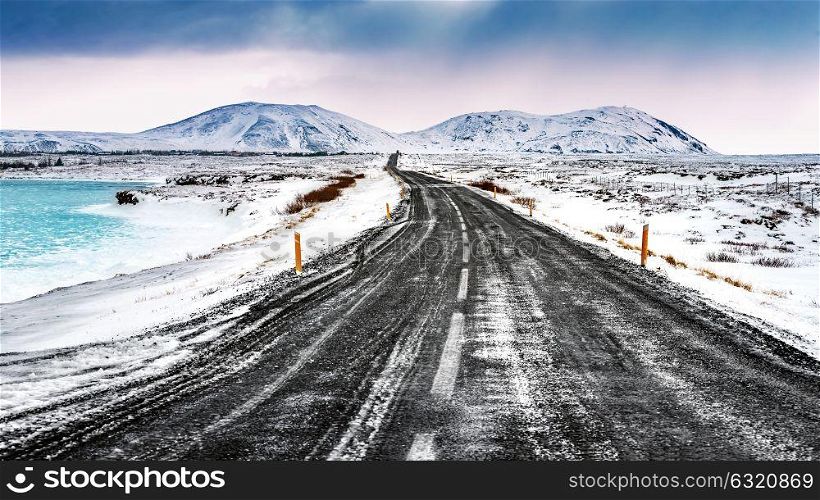 Iceland snowy landscape, beautiful winter scene, extreme travel to Scandinavian lands, peaceful view of the mountains