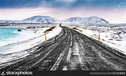 Iceland snowy landscape, beautiful winter scene, extreme travel to Scandinavian lands, peaceful view of the mountains