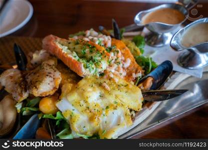 Icelandic seafood plate cuisine made of lobster fish and mussells. Iceland national food.