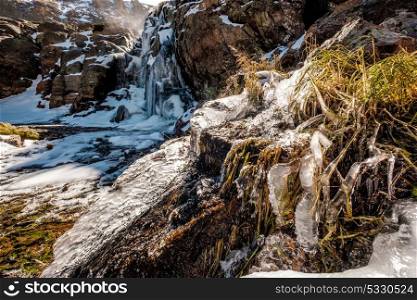 Icicles on Timberline Falls waterfall at autumn near Sky Pond. Rocky Mountain National Park in Colorado, USA.