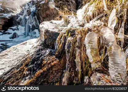 Icicles on Timberline Falls waterfall at autumn near Sky Pond. Rocky Mountain National Park in Colorado, USA.