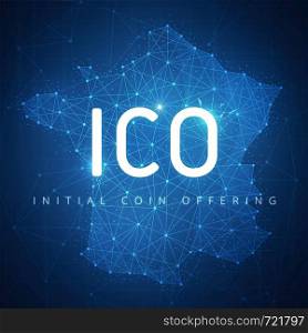 ICO initial coin offering futuristic hud background with France country map and blockchain peer to peer network. Cryptocurrency ICO coin sale event - blockchain business banner concept.. ICO initial coin offering banner with France map.