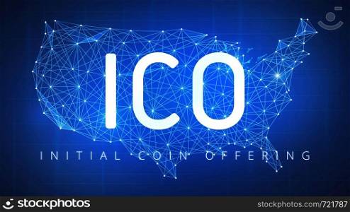 ICO initial coin offering futuristic hud background with USA country map and blockchain peer to peer network. Cryptocurrency ICO coin sale event - blockchain business banner concept.. ICO initial coin offering banner with USA map.