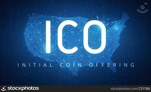 ICO initial coin offering futuristic hud background with USA country map and blockchain peer to peer network. Cryptocurrency ICO coin sale event - blockchain business banner concept.. ICO initial coin offering banner with USA map.