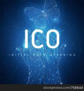 ICO initial coin offering on futuristic hud background with glowing polygon butterfly, hands and blockchain peer to peer network. Global cryptocurrency business and finance concept. Low poly design.. ICO initial coin offering hud banner with hands and butterfly