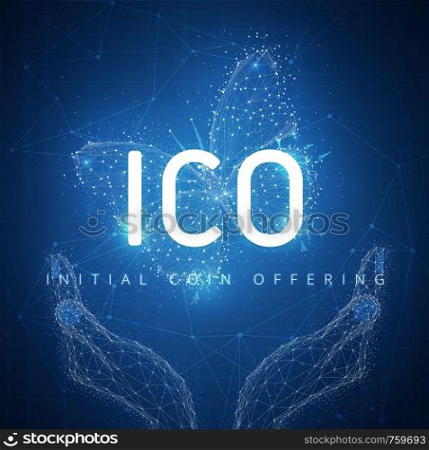 ICO initial coin offering on futuristic hud background with glowing polygon butterfly, hands and blockchain peer to peer network. Global cryptocurrency business and finance concept. Low poly design.. ICO initial coin offering hud banner with hands and butterfly