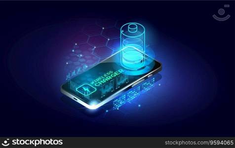 Icon battery and charging progress lighting on screen smart phone. Touchscreen smartphone. Vector isometric illustration.