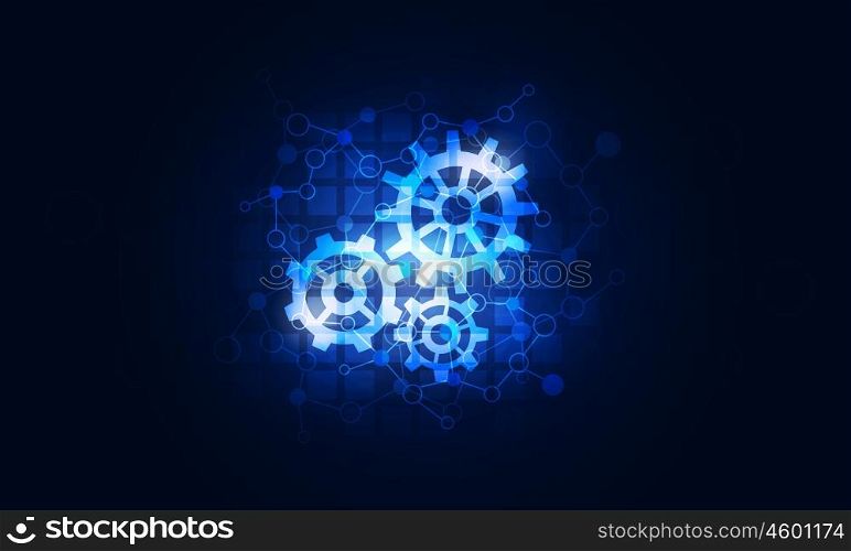 Icon for interface application. Glowing gear icon on dark technology background