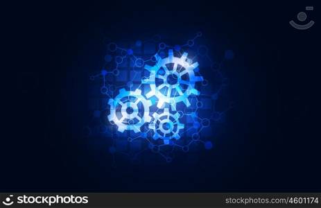 Icon for interface application. Glowing gear icon on dark technology background