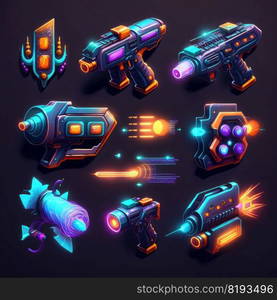 icon gun blaster video game ai generated. ray design, pistol shot, equipment war icon gun blaster video game illustration. icon gun blaster video game ai generated