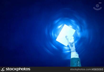 Icon in hand. Businessman hand with digital business card and copy space