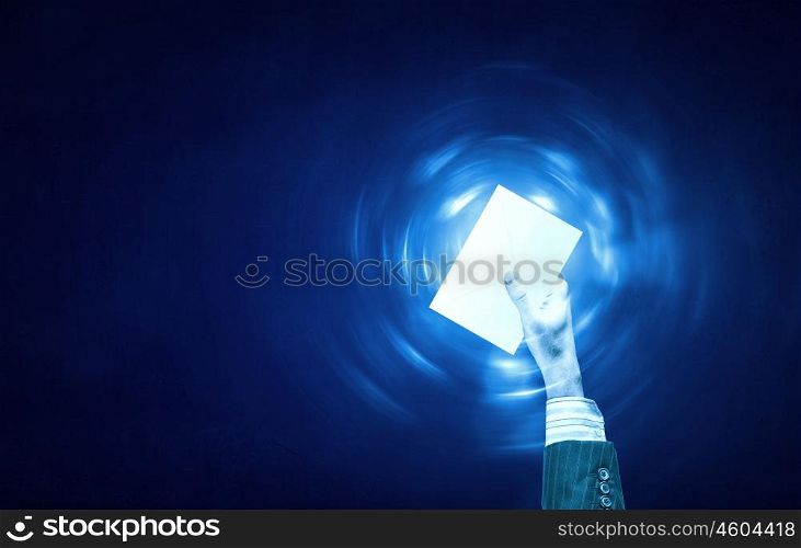 Icon in hand. Businessman hand with digital business card and copy space