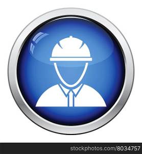 Icon of construction worker head in helmet. Glossy button design.