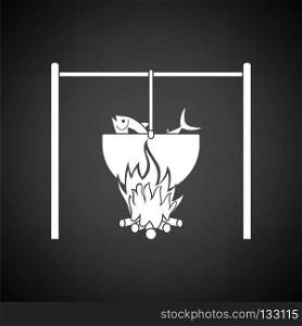 Icon of fire and fishing pot. Black background with white. Vector illustration.