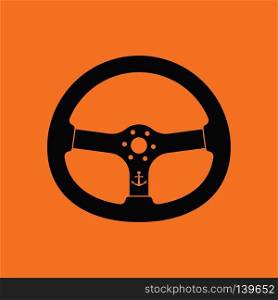 Icon of  steering wheel . Orange background with black. Vector illustration.