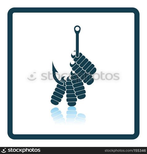 Icon of worm on hook on gray background, round shadow. Shadow reflection design. Vector illustration.