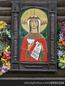 Icon on the holy spring of Varvara Iliopolskaya near the village of Kupan, Pereslavsky District, Yaroslavl Region, Russia.