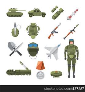 Icon set of police and army. Military illustrations of soldiers, and different weapons. Mlitary soldier, army, ammunition and grenade. Icon set of police and army. Military illustrations of soldiers, and different weapons