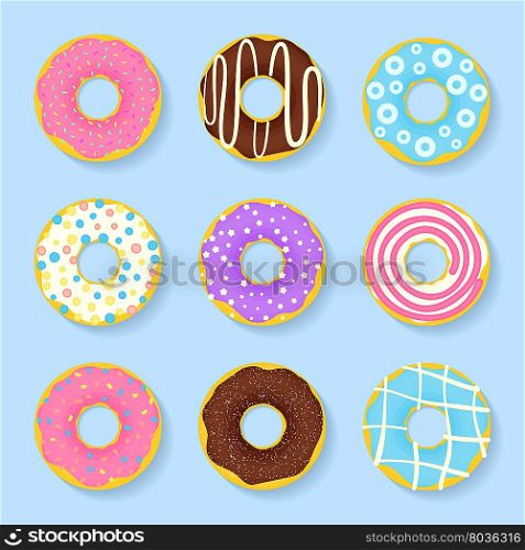 Icon set of sweet, tasty donuts in glaze