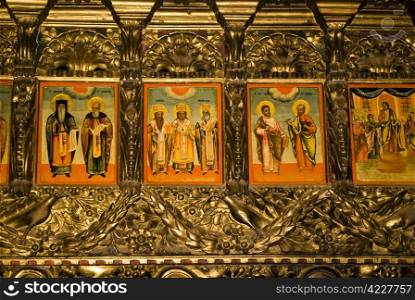 Iconography painted icons with saints on monastery wall ? Preobrajenski Monastery near Veliko Turnovo Bulgaria (built in 14th century - collapsed through the ottoman - rebuilt in 19th century)