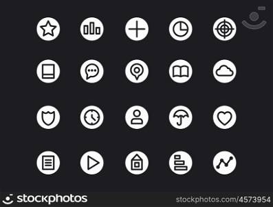 Icons design tample. Set of white interface icons on black background