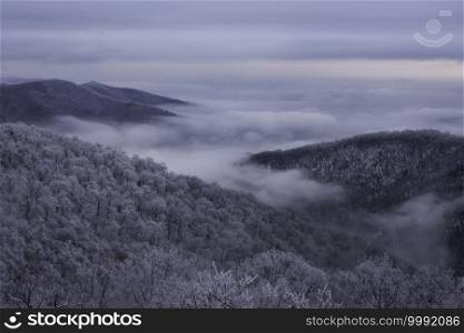 Icy fog filling the valleys of Shenandoah National Park in Virginia exposing some of the rime ice covered forests.