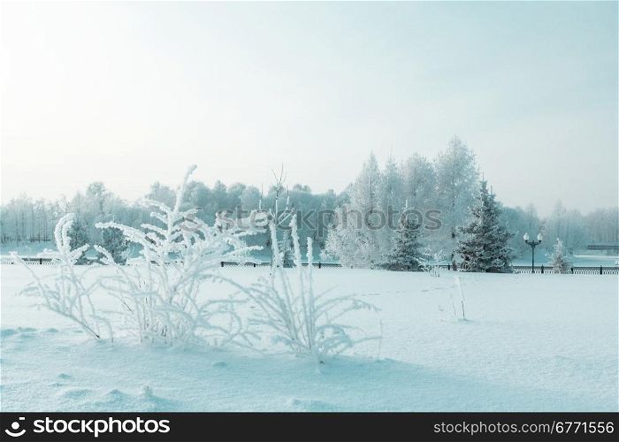 Icy winter embankment covered with snow. Russia, Yaroslavl