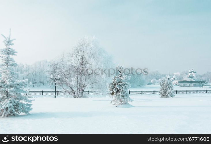 Icy winter embankment covered with snow. Russia, Yaroslavl