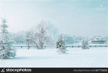 Icy winter embankment covered with snow. Russia, Yaroslavl
