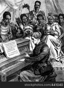 Ida Pfeiffer. Playing the piano at the court of Queen Pomare, vintage engraved illustration. Journal des Voyage, Travel Journal, (1880-81).