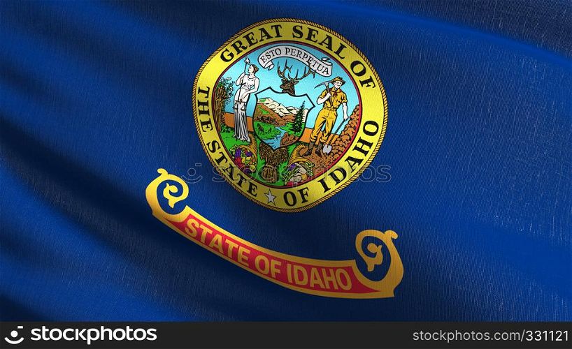 Idaho state flag in The United States of America, USA, blowing in the wind isolated. Official patriotic abstract design. 3D rendering illustration of waving sign symbol.