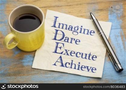 idea acronym (imagine, dare,execute, achieve) - handwriting on a napkin with a cup of espresso coffee
