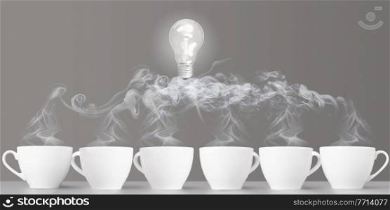 Idea birth. Business communication and creativity. Group of coffee cups with bulb on cloud of steam. Group training, brainstorming, business coaching. Idea birth from communication
