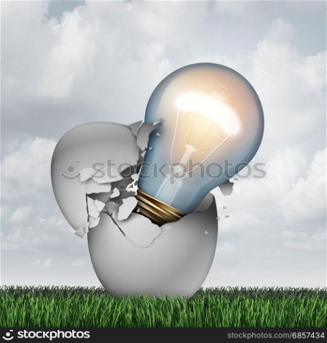 Idea birth concept and out of the box brainstorming symbol as a hatching egg with a lightbulb emerging as an icon for startup and entrepreneur creativity or learning ideas as a 3D illustration.