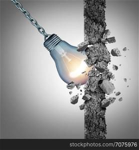 Idea breakthrough and the power to demolish an obstacle with creative thinking and innovative solutions as a light bulb shaped as a wrecking ball with 3D illustration elements.