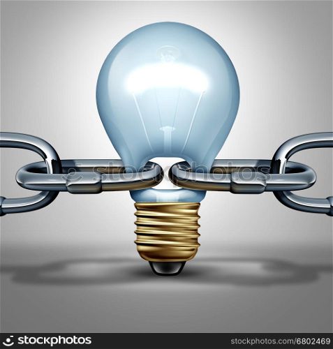 Idea chain concept as an innovation strength and inventive intelligence connection icon or reliable thinking network connection ling as a light bulb shaped as a connector as a 3D illustration.
