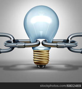 Idea chain concept as an innovation strength and inventive intelligence connection icon or reliable thinking network connection ling as a light bulb shaped as a connector as a 3D illustration.